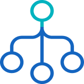 Organizational chart icon with one circle connected to three below by lines.