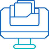 Icon of a printer with a paper sheet partially inserted, outlined in blue and teal lines.