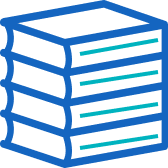 Icon of a blue server stack with teal horizontal lines representing data storage units.