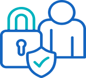 Icon of a person behind a padlock with a shield featuring a check mark.