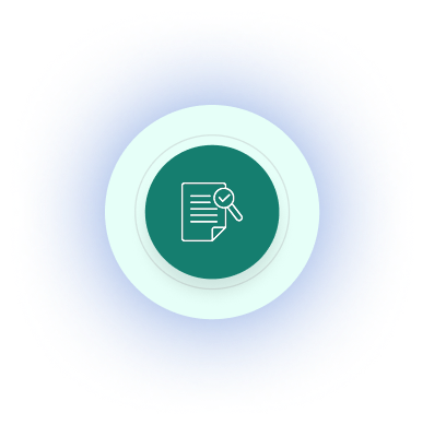 Icon of a document with a magnifying glass and a check mark on a green circular background.