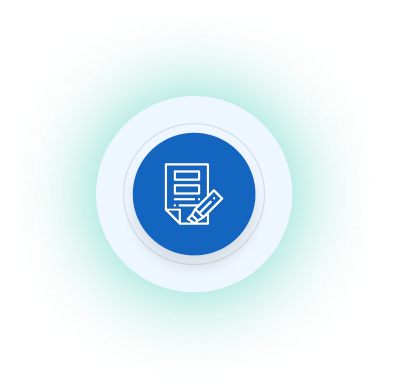 Blue circle icon with a white paper and pencil symbol inside on a green background.