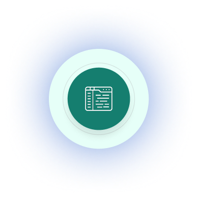 Round teal button with white icon of a document or text file with lines and tabs.