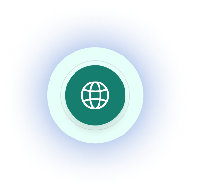 Green circular icon with a white globe symbol inside on a light blue circular background.