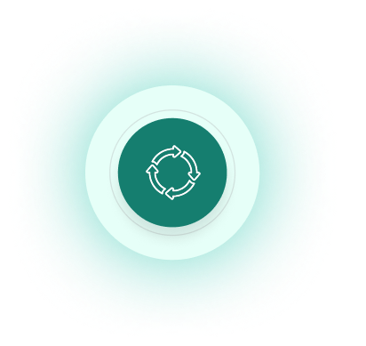 Circular button with a white recycling symbol on a green background centered on a teal gradient circle.