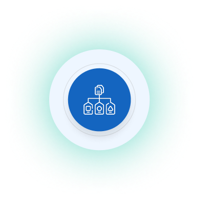 Blue circle with white icon showing a file connected to three different files below it in a flowchart style.