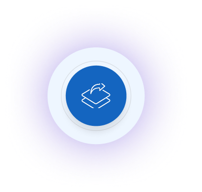 Blue circular icon with white layers and a curved arrow symbol, on a light purple background.