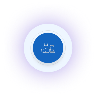 Blue circle icon with white line art of money bags and hourglass on a purple background.