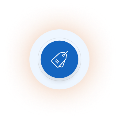 Blue circle with white price tags icon centered on a light background.