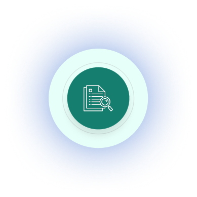 Icon of document with magnifying glass on green circle button with light blue glow background.
