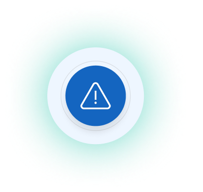 Blue circular button with white warning icon showing an exclamation mark inside a triangle.