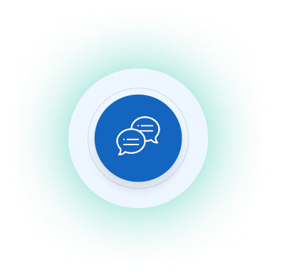 Blue circle with white chat bubbles icon centered on a light blue circular background.