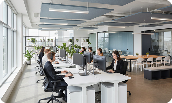 Office workers wearing headsets sitting at desks with computers in a modern, bright workspace.