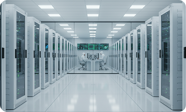 Two people working at computer stations surrounded by server racks in a modern data center.