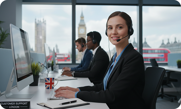 Smiling woman in headset at desk with computer, two colleagues behind, Big Ben and London buses outside.