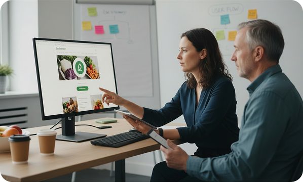 Two colleagues review a webpage about eco-friendly food on a desktop monitor in an office.