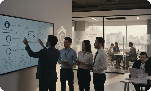 Four professionals review data encryption and GDPR process on a large screen in an office.