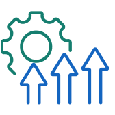 Blue arrows pointing up toward a green gear symbolizing growth and progress.