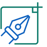 Blue pen nib icon inside a green square with an extending line and plus sign at top right.