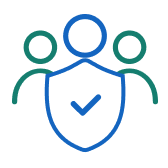 Three stylized people with a shield and check mark symbolizing security or trusted group.