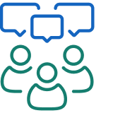 Three people icons with three speech bubbles above, representing group communication or discussion.