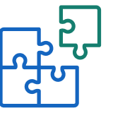 Four interlocking puzzle pieces forming a square, two blue and two green.