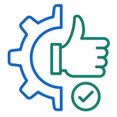 Blue gear half merged with a green thumbs-up icon and a check mark circle below.