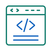 Icon of a web browser window displaying blue code brackets and lines, representing programming or coding.