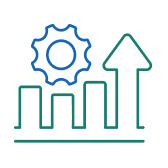 Bar chart with ascending bars, upward arrow, and gear icon representing growth and settings.