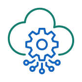 Blue gear icon connected to nodes inside an abstract green cloud outline representing cloud technology.