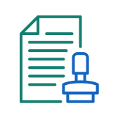 Document icon with green lines and a blue stamp or seal symbol overlapping its bottom right corner.