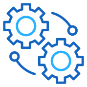 Two connected blue gears with lines indicating interaction or network.