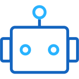 Blue robot face icon with round eyes and an antenna on top.