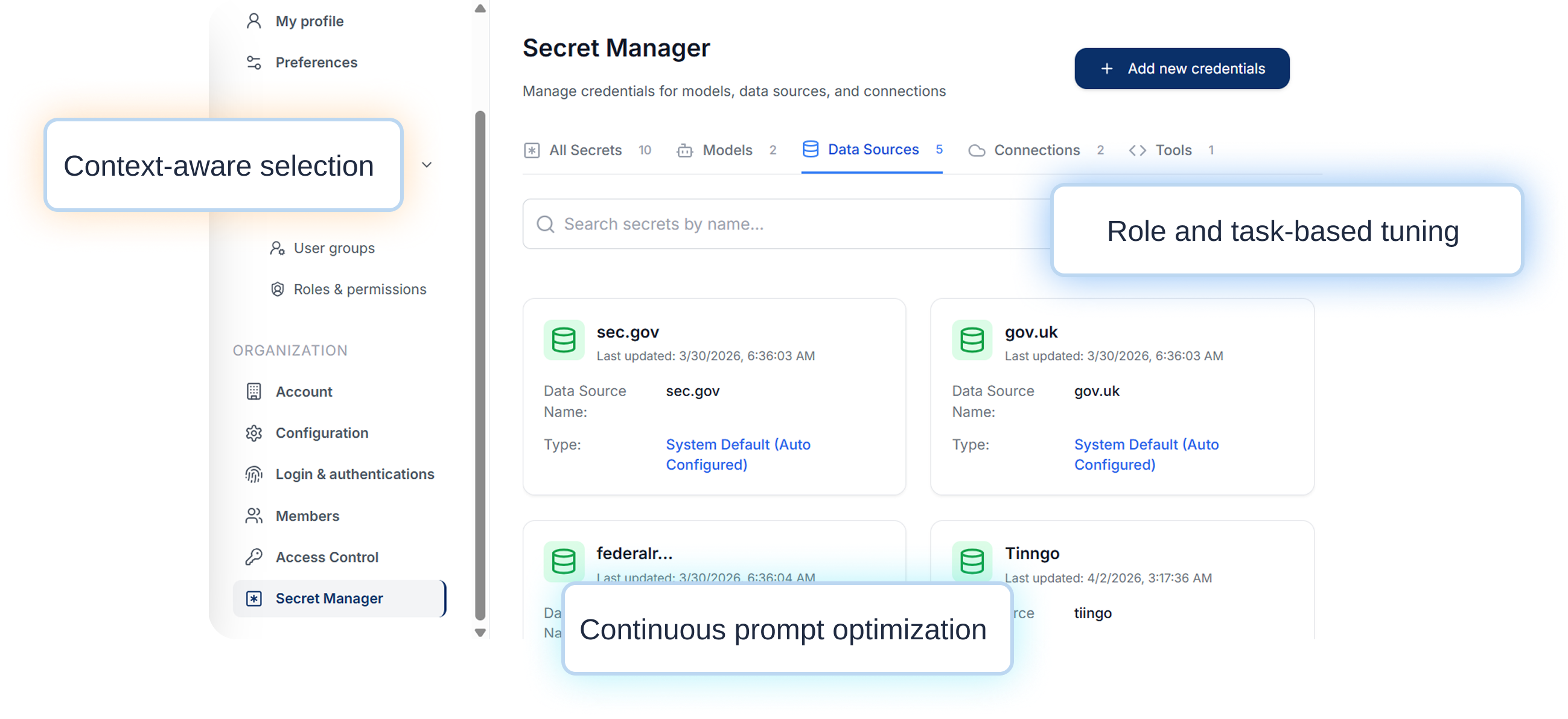 Secret Manager interface showing data sources with options to add credentials and search secrets by name.
