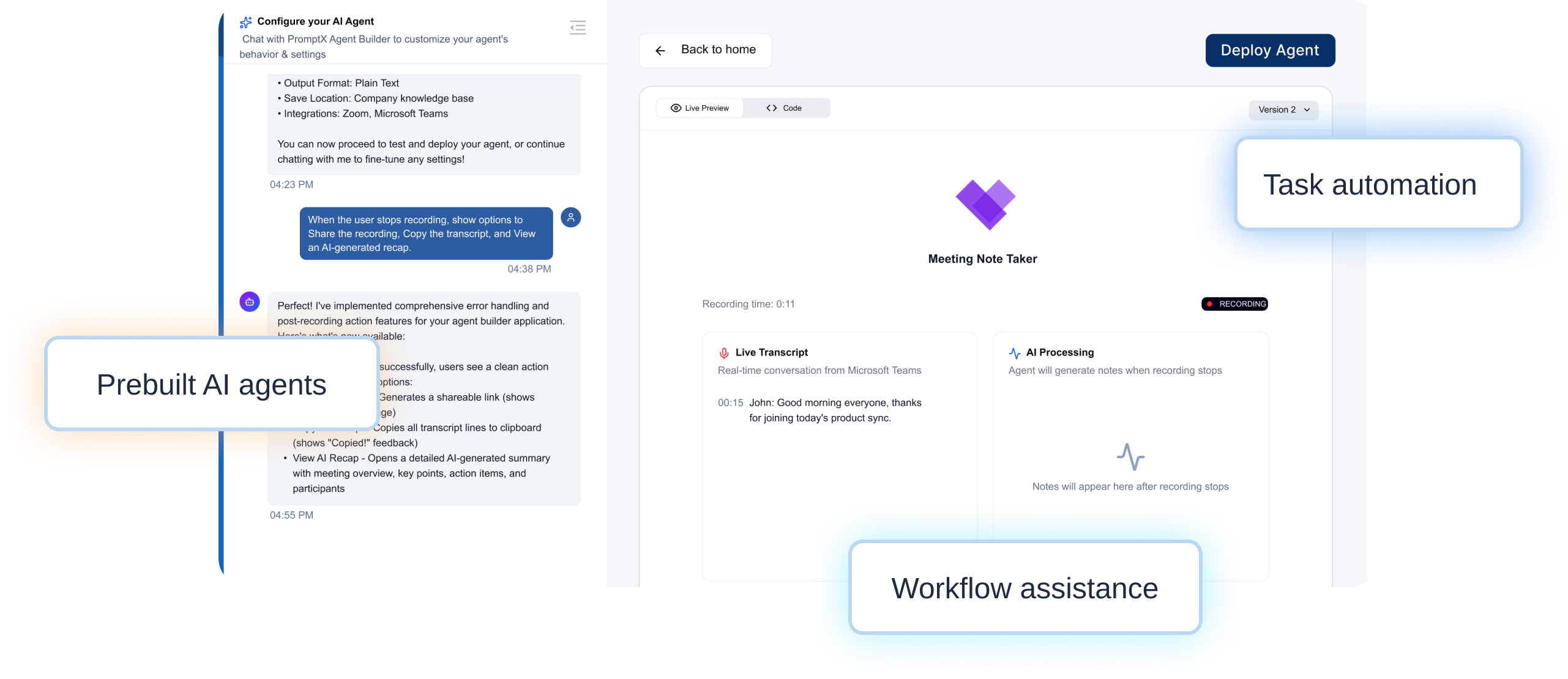 Interface of AI agent builder showing chat, live transcript, AI processing, and action highlights.