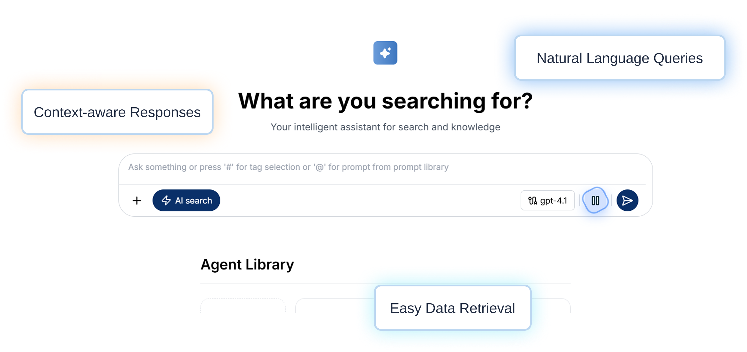 Search interface with AI search bar and labels: Context-aware Responses, Natural Language Queries, Easy Data Retrieval.