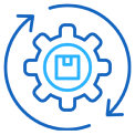 Blue gear icon with a box inside and circular arrows around it, symbolizing automation or process.