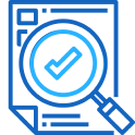 Document with checkmark inside magnifying glass symbolizing verified information.