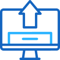 Blue computer monitor with upload arrow icon pointing upward from the screen.