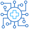 Medical cross icon connected to multiple nodes symbolizing healthcare network or technology.