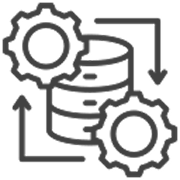 Icon showing two gears and a database cylinder with arrows indicating data synchronization.