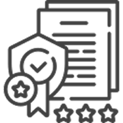Icon of a document with award ribbons and a row of four stars below representing quality or certification.