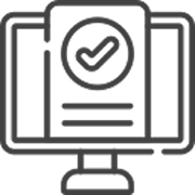 Computer monitor displaying a checkmark in a circle above two lines of text.