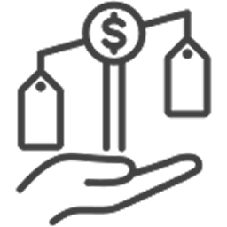 Hand holding a balance scale with a dollar sign and two price tags on each side.