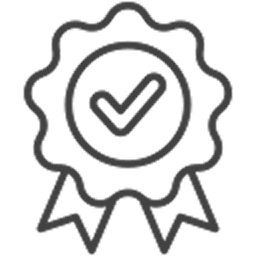 Ribbon badge icon with a check mark symbol inside indicating approval or quality.
