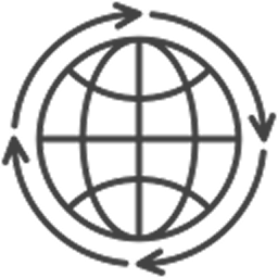 Globe icon with three arrows forming a circle around it, symbolizing global rotation or exchange.
