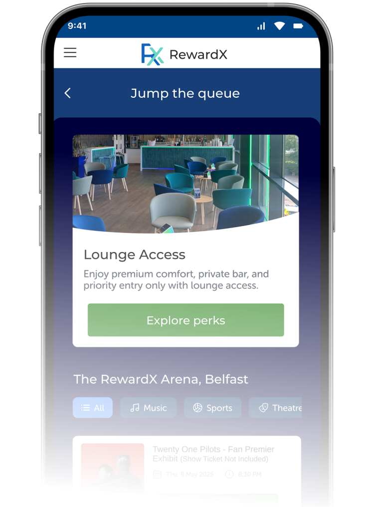 Mobile app screen showing lounge access perks and event filters at RewardX Arena, Belfast.