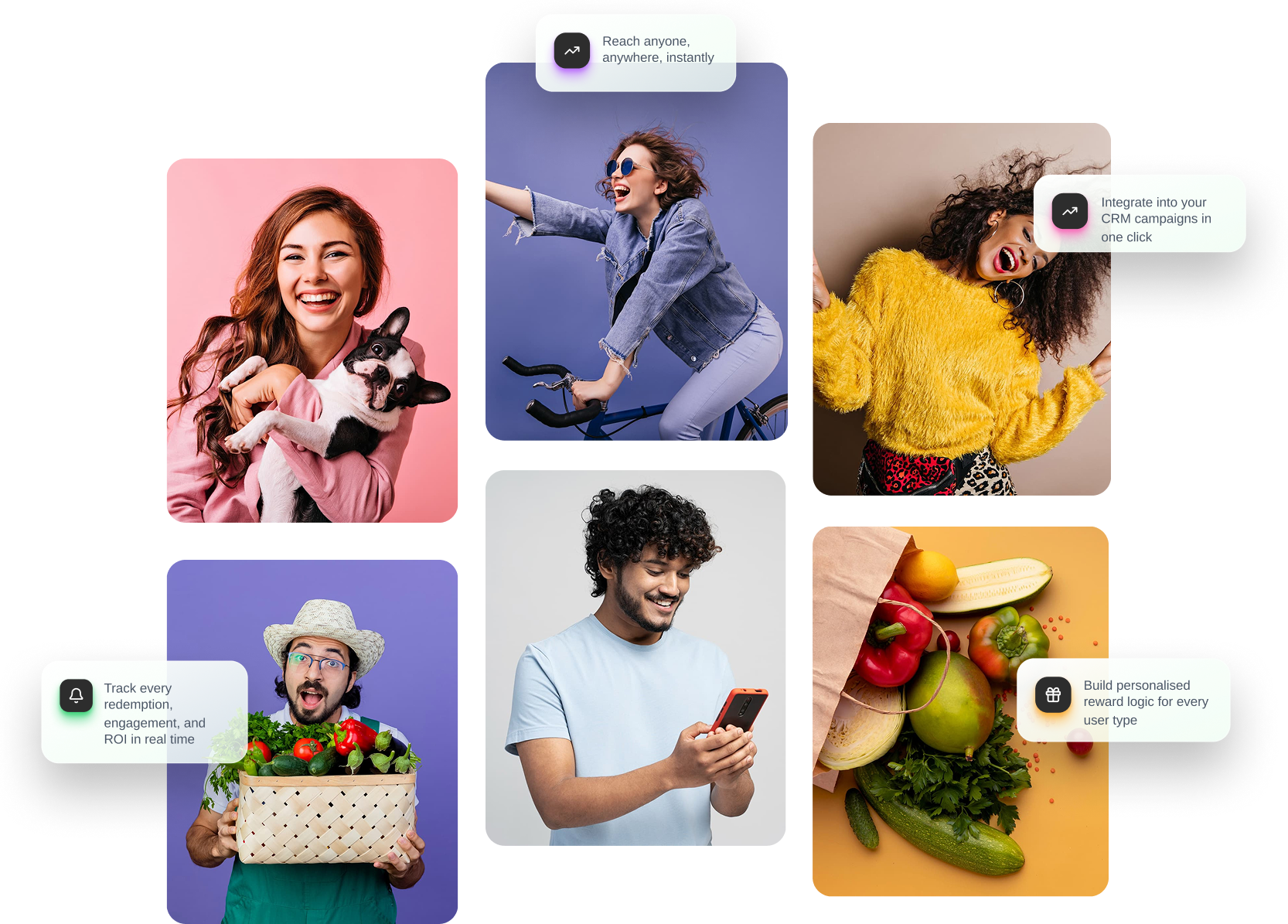 Collage of joyful people with dog, bicycle, phone, vegetables, and text about loyalty program features.