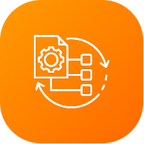 Icon of a document with a gear and connected nodes with circular arrows on an orange background.