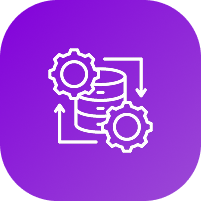 White gear and database icon with arrows on a purple rounded square background.